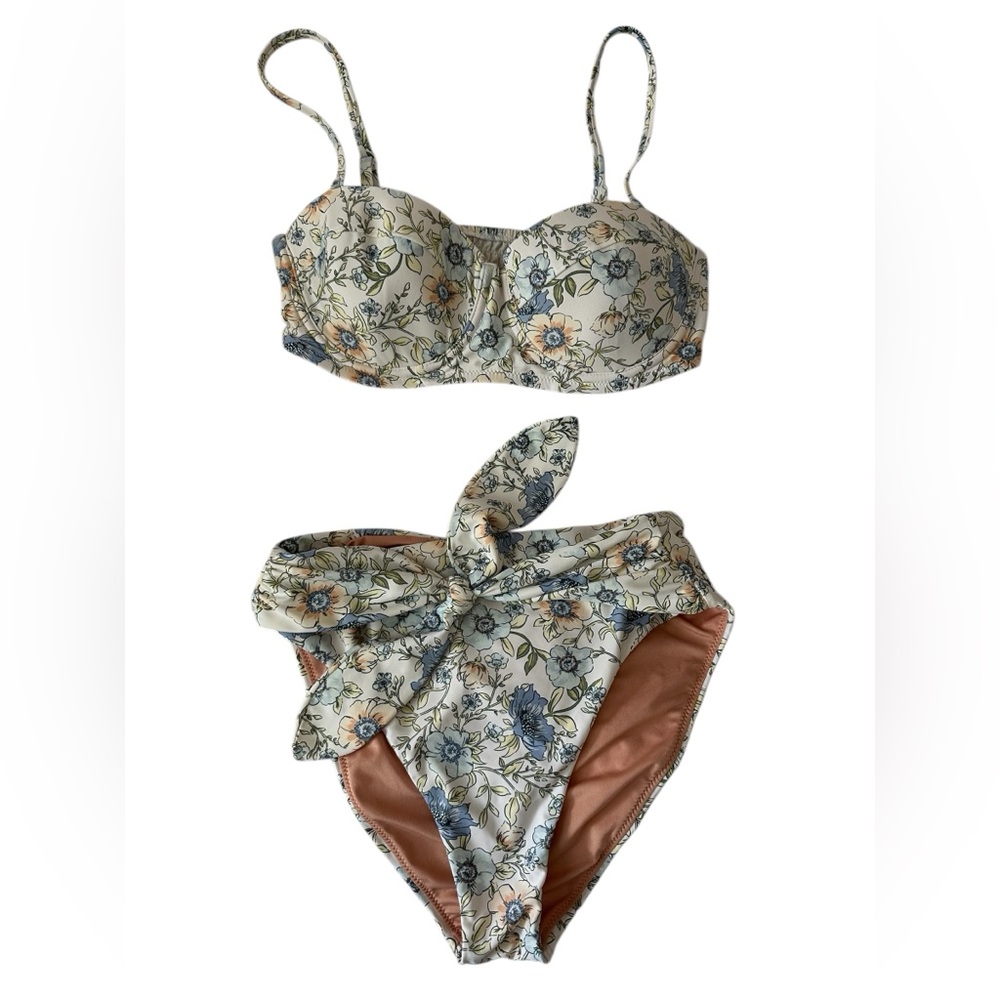 J. Crew Floral Underwire Bikini Set in Cream, Blue & Tan